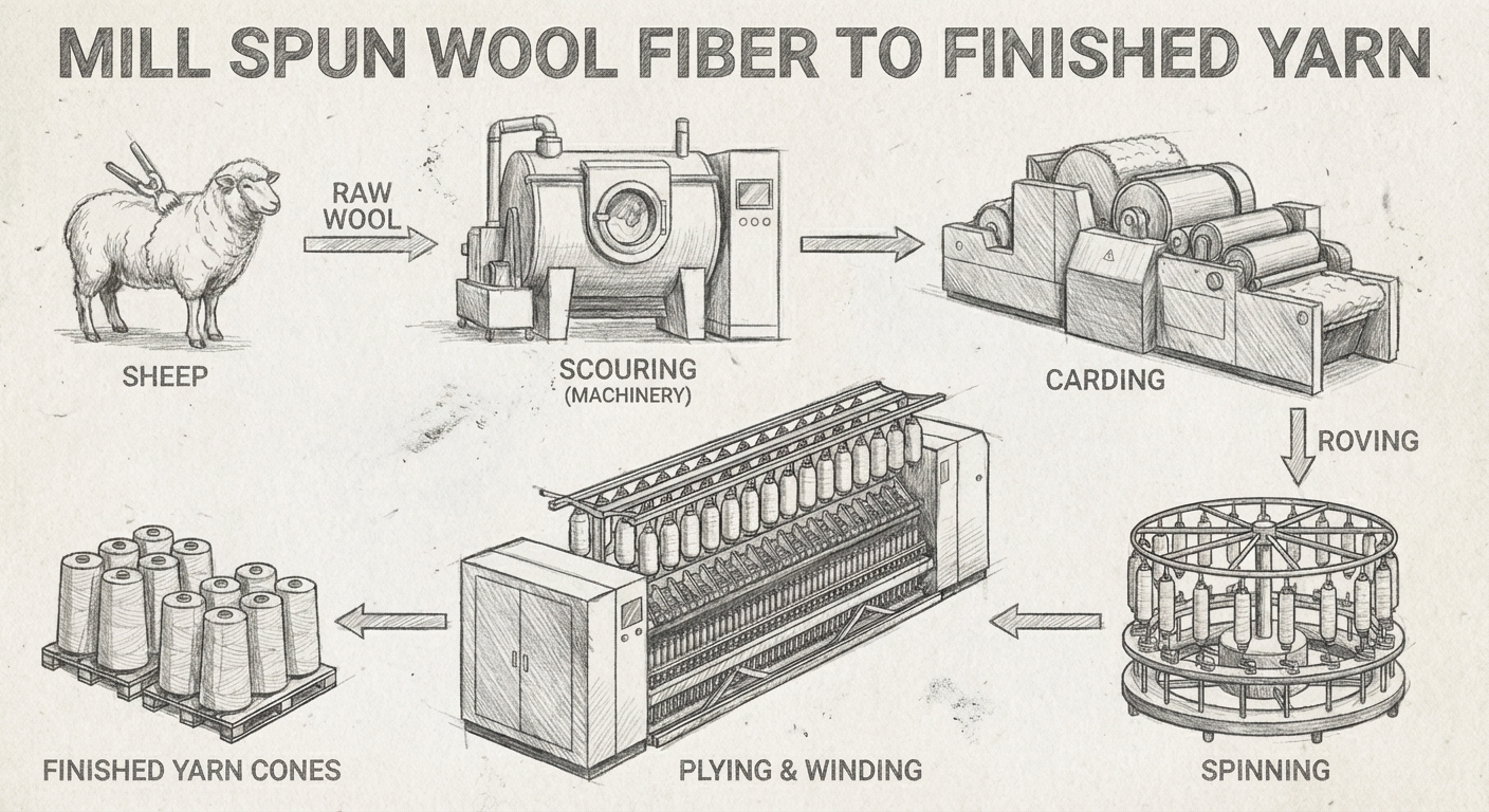 Mill spun wool fiber to finished yarn process - from sheep through scouring, carding, roving, spinning, plying and winding to finished yarn cones
